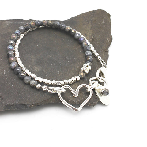 Labradorite & Fine silver Heart Double Wrap Bracelet (Personalization optional)