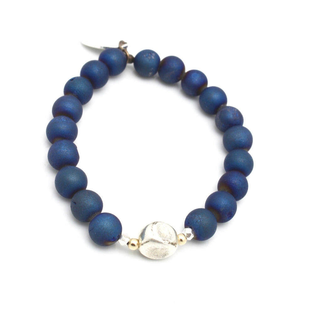 Inner Spirit:  Deep Marine Blue Druzy Quartz Stretch Bracelet & Hammered Silver Bead