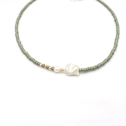 Sage Green Japanese Beaded Necklace & Keishi Pearls