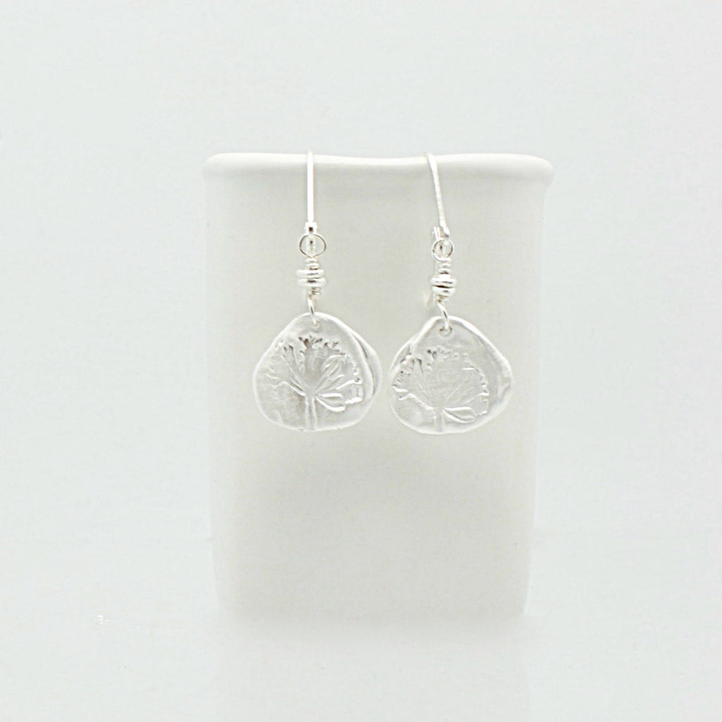 Fine silver etched dandelion earrings Orange Avocado Jewelry Handcrafted Artisan Jewelry Made in Canada