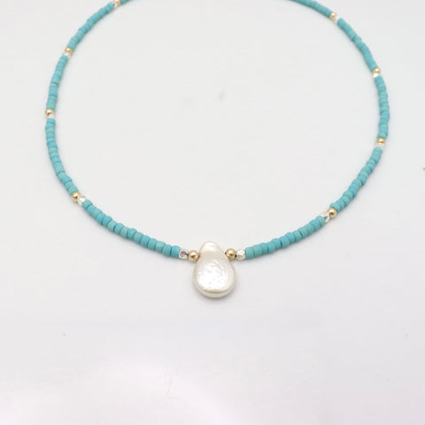 Turquoise Japanese Beaded Necklace with Keishi Pearl