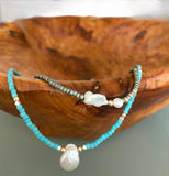 Turquoise Japanese Beaded Necklace with Keishi Pearl